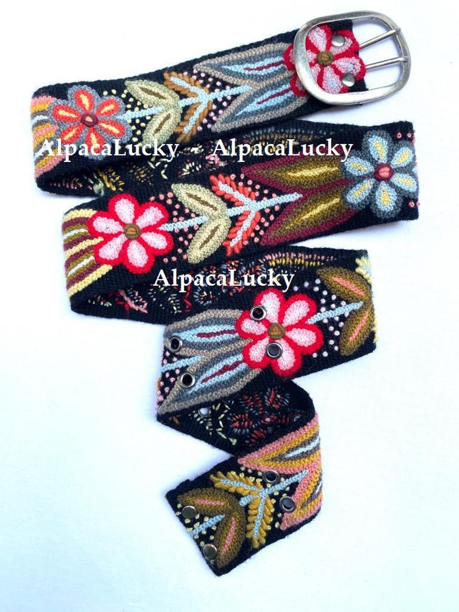 Hand Embroidered Belt Floral Black/gray Colorful Peruvian Embroidered ...