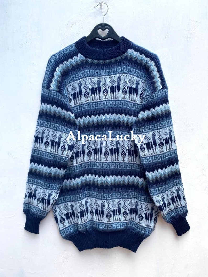 Turquoise Alpaca sweater, peruvian sweater, Unisex sweater, peruvian alpaca sweater, peruvian jacket, peru sweater, alpaca sweater Blue with White