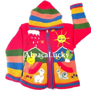 Children&#39;s red cardigan Kids hooded sweater knitted, jacket toddler hoodies, Peruvian kids sweater hand embroidered details, kid jacket