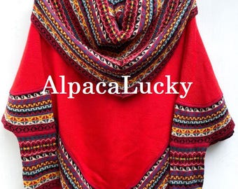 Poncho de cuello alto tejido de lana de alpaca superfina roja para mujer Suéter de alpaca para mujer Suéter poncho de alpaca para mujer Lana de alpaca para mujer