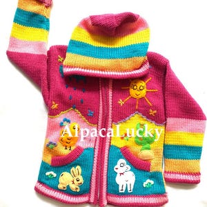Children&#39;s pink cardigan Kids hooded sweater knitted, jacket toddler hoodies, Peruvian kids sweater hand embroidered details, kid jacket