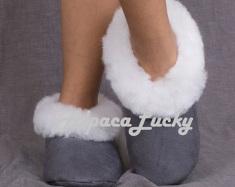 FreeCruelty Gray Alpaca Fur Slippers, unisex slippers, unisex alpaca bont slippers, bont slippers, zachte slippers, alpaca slippers