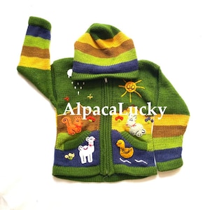 Children's green cardigan Kids hooded sweater knitted, jacket toddler hoodies, Peruvian kids sweater hand embroidered details, kid jacket