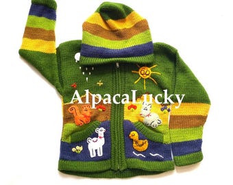 Groen kindervest Kindertrui gebreid met capuchon, peuterjack met capuchon, Peruaanse kindertrui met de hand geborduurde details, kinderjack