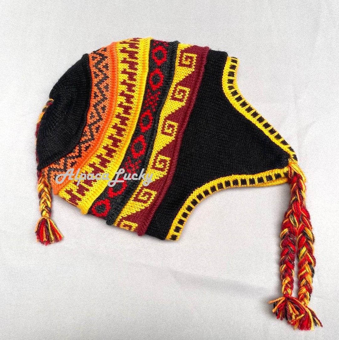 Peruvian Cap Black/yellow Unisex Peruvian Alpaca Hat Chullo With Earflaps 100% ...
