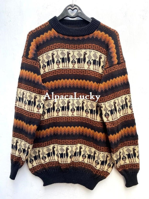 トップス 90s Native pattern alpaca knit sweater Brown With Black Alpaca Sweater, Peruvian Sweater, Unisex