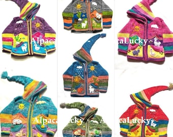 Kinder Strickjacke Kinder Kapuzenpullover gestrickt, Jacke Kleinkind Hoodies, peruanische Kinderpullover Hand gestickte Details, Kinderjacke