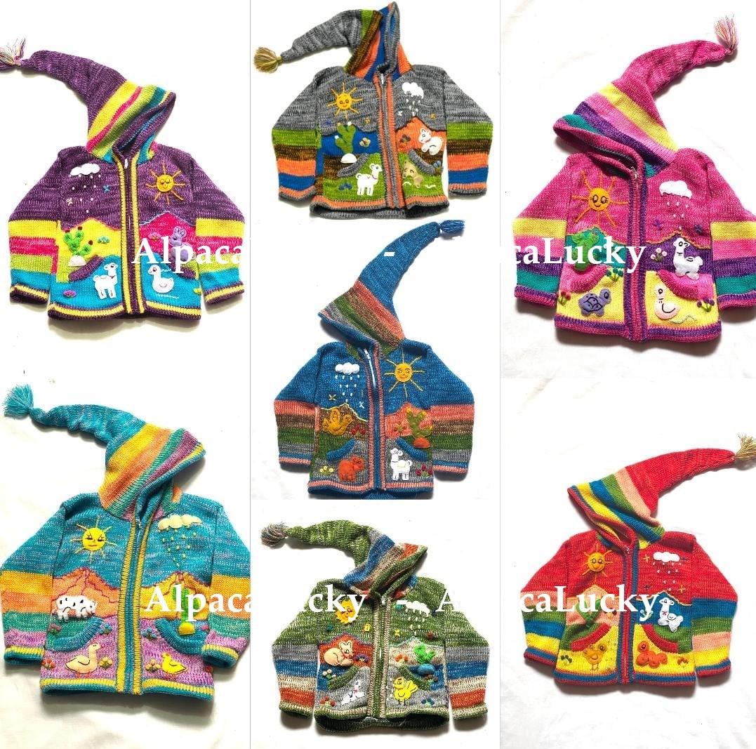 Children's cardigan Kids hooded sweater knitted, jacket toddler hoodies, Peruvian kids sweater hand embroidered details, kid jacket