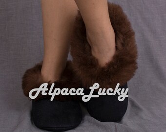 FreeCruelty Black Alpaca Fur Slippers, unisex slippers, unisex alpaca bont slippers, bont slippers, zachte slippers, alpaca slippers