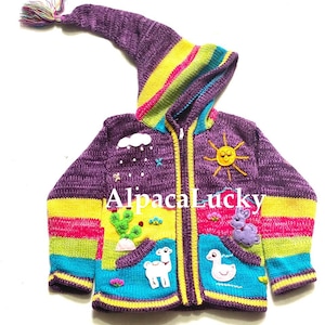 Children&#39;s purple cardigan Kids hooded sweater knitted, jacket toddler hoodies, Peruvian kids sweater hand embroidered details, kid jacket