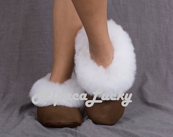 FreeCruelty Brown Alpaca Fur Slippers, unisex slippers, unisex alpaca bont slippers, bont slippers, zachte slippers, alpaca slippers