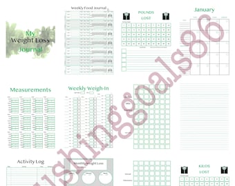 May include: A printable weight loss journal with pages for tracking food, weight, measurements, activity, and monthly progress. The journal has a green and white color scheme with a leafy green design on the cover.