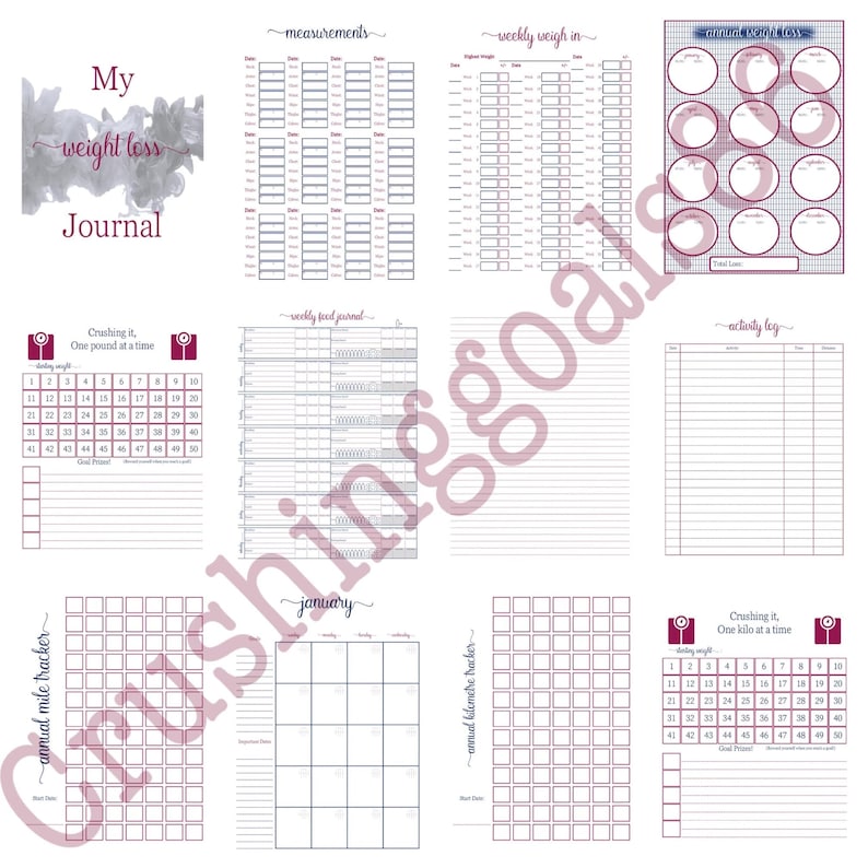 May include: Printable weight loss journal pages with a watercolor background. The pages include sections for tracking measurements, weekly weigh-in, weekly food journal, activity log, and annual mile tracker. The pages are designed with a pink and gray color scheme.