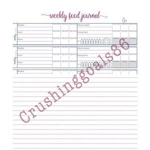 May include: A printable weekly food journal with a blue and white design. The journal includes sections for breakfast, lunch, dinner, afternoon snack, and evening snack. It also includes a section for tracking water intake.
