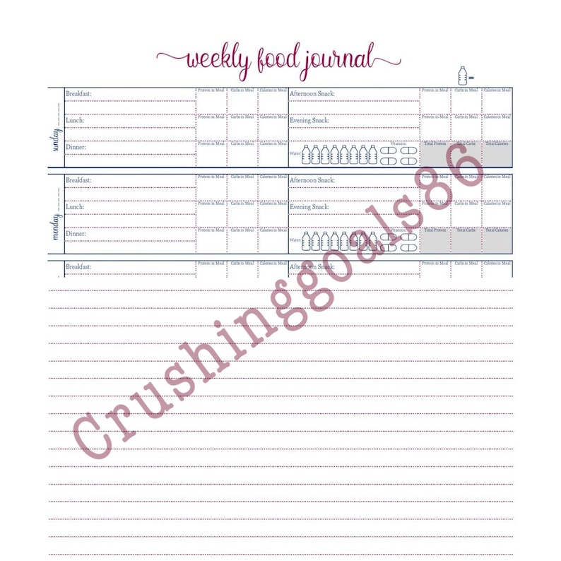 May include: A printable weekly food journal with a blue and white design. The journal includes sections for breakfast, lunch, dinner, afternoon snack, and evening snack. It also includes a section for tracking water intake.