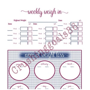 May include: A printable weight loss tracker with a weekly weigh-in section and a monthly weight loss tracker. The tracker is designed to help people track their progress towards their weight loss goals.