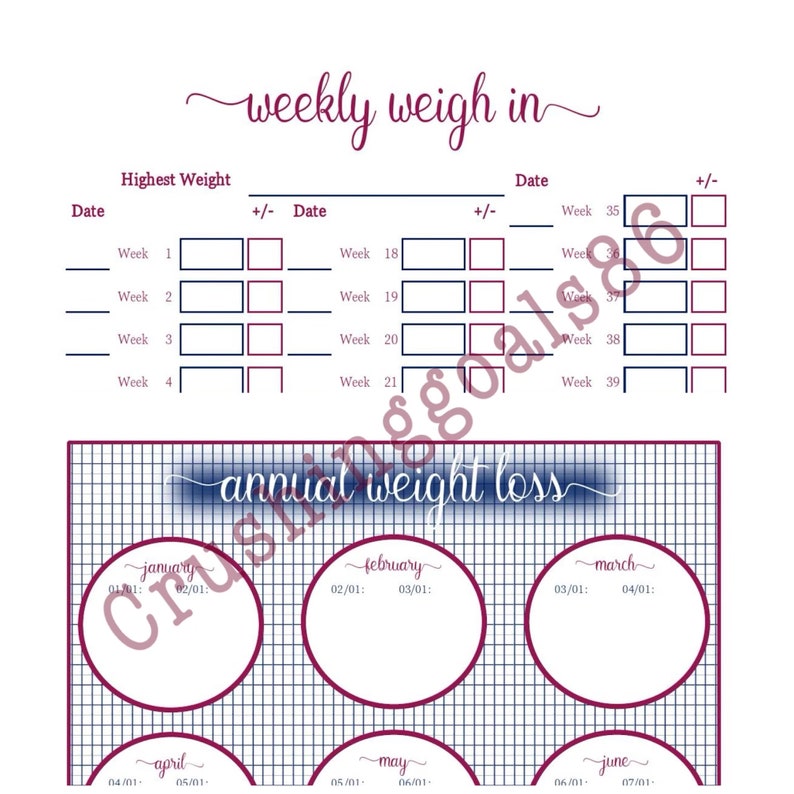 May include: A printable weight loss tracker with a weekly weigh-in section and a monthly weight loss tracker. The tracker is designed to help people track their progress towards their weight loss goals.