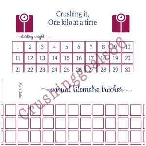 May include: A printable weight loss tracker with a scale icon and the text "Crushing it, One kilo at a time". The tracker has a grid with numbers 1 through 30 and a section for a start date. Below the grid is a section for an annual kilometer tracker.