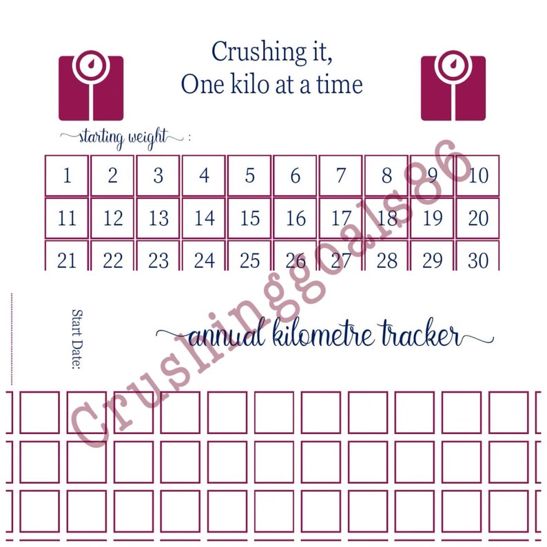 May include: A printable weight loss tracker with a scale icon and the text "Crushing it, One kilo at a time". The tracker has a grid with numbers 1 through 30 and a section for a start date. Below the grid is a section for an annual kilometer tracker.