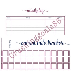 May include: Printable activity log and annual mile tracker. The log has columns for date, activity, time, and distance. The tracker is a grid of squares for tracking miles.