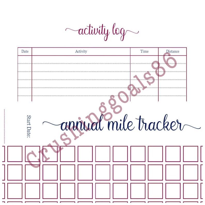 May include: Printable activity log and annual mile tracker. The log has columns for date, activity, time, and distance. The tracker is a grid of squares for tracking miles.