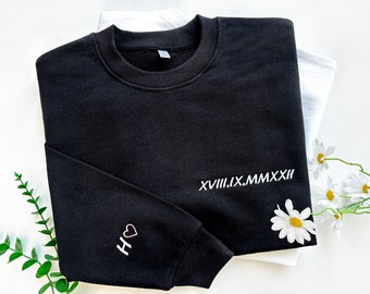 Custom Embroidered Roman Numeral Sweatshirt,Customised Embroidered Couple hoodie,Date and Initial Hoodie,Personalized Gift,Anniversary Gift