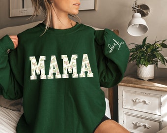 Personalised MAMA Crewneck Sweatshirt,Custom Mama Sweatshirt With Kid Name On Sleeve,Mother's Day Gift,Gift For Mom