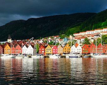Landscape Print, Old Town Bergen, Norway Photography - Framed or Unframed