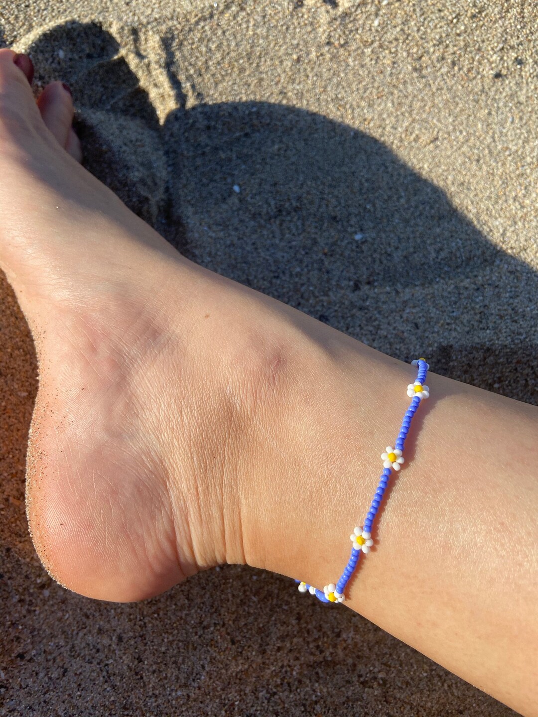 Spring Daisies Beaded Anklet, Seed Bead Anklet, Beach Anklet, Flower