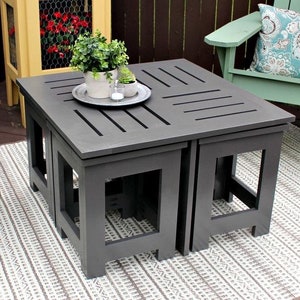 Patio Dining Set with Hidden Chairs Digital Woodworking Plans. Craft Functional Elegance! #OutdoorDiningSetPlans #WoodworkingBlueprints