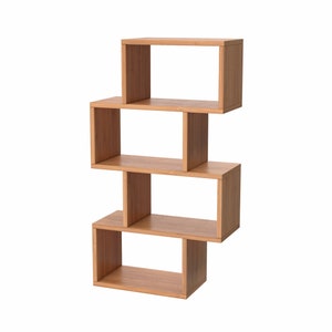 May include: A wooden bookshelf with four shelves in a unique S-shaped design. The shelves are made of natural wood and have a light brown finish.