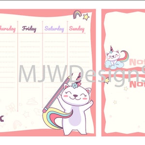 以下が含まれることがあります： ユニコーンをテーマにしたピンクと白の週間プランナー。プランナーには、週の各曜日、やることリスト、メモセクションがあります。プランナーには、かわいいユニコーンのイラストが描かれています。