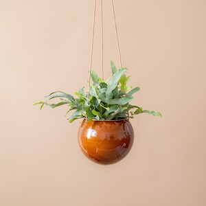 Brown Hanging Planter,  Ceramic Hanging Planter,  Brass Hanger, Shiny Glaze Planter, Anniversary Gift