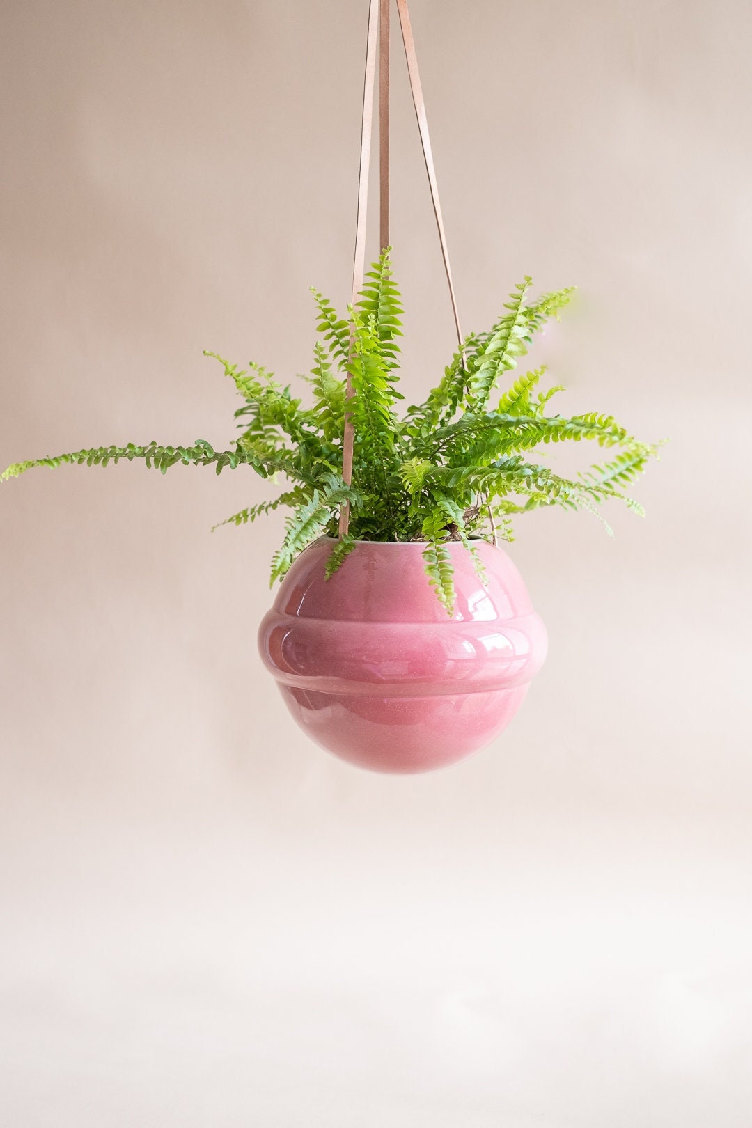 Ball Hanging Planter, Pink Ceramic Hanging Planter, Leather Pedenat