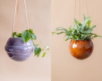 Set of Two Hanging Flower Pot, Ceramic Hanging Planter, Leather Straps, Brown&Violet Colored