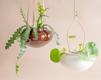 Set of Two Hanging Flower Pot, Ceramic Hanging Planter, Pedant Straps, Honey&Beige Colored