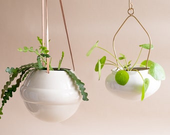 Set of Two Hanging Flower Pot, Ceramic Hanging Planter, Pedant Straps, Beige Colored