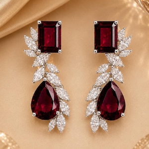 Ruby Drop Earrings, Emerald Cut Ruby Earrings, Pear Shape Gemstone Earrings, Moissanite Leaf Earrings, Statement Dangle Earrings
