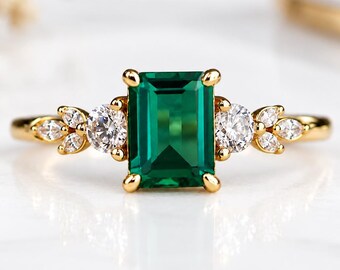 Emerald Engagement Ring 14K Gold Emerald Cut Vintage Cluster Diamond Promise Wedding Band Anniversary Gift For Her