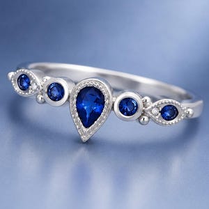Blue Sapphire Ring, Pear Cut Engagement Ring, Vintage Sapphire Promise Ring, Art Deco Bridal Ring, September Birthstone Jewelry, Women Ring