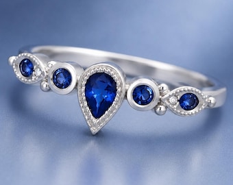 Blue Sapphire Ring, Pear Cut Engagement Ring, Vintage Sapphire Promise Ring, Art Deco Bridal Ring, September Birthstone Jewelry, Women Ring