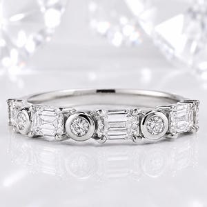 Diamond Eternity Ring, Emerald Cut & Round Wedding Band, Minimalist Stackable Anniversary Ring, Sterling Silver Gift for Women