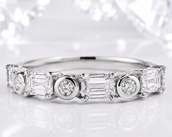 Diamant alliansring, smaragdslipad och rund vigselring, minimalistisk stapelbar jubileumsring, present i sterlingsilver för kvinnor