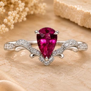 Pear Ruby & CZ Ring, Vintage Inspired Silver Statement Ring, Elegant Teardrop Gemstone Band, Romantic Engagement Jewelry Gift