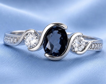 Oval Blue Sapphire Engagement Ring, Bypass Sterling Silver Ring, Sapphire Promise Ring, Anniversary Gift for Her