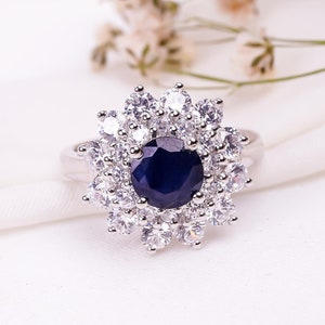 Blue Sapphire Ring Round Cut Sapphire Ring Sterling Silver Ring Double Halo Solid Gold Ring Elegant Blue Stone Halo Setting Classy Ring