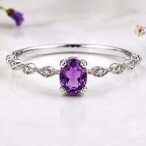 Amethyst Ring, Minimalist Oval Purple Gemstone Ring, Dainty Promise Ring, Sterling Silver Stackable Ring, Gift for Her