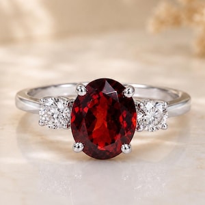 Garnet Engagement Ring, Oval Cut Three Stone Ring, Sterling Silver Promise Ring, January Birthstone Bridal Ring, Anniversary Gift for Her