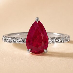Pear Cut Ruby Engagement Ring, Diamond Accent Ring, Sterling Silver Promise Ring, Minimalist Bridal Gift for Her