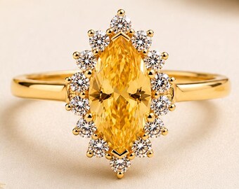 Vintage Marquise Yellow Citrine Ring, Citrine Yellow Ring, Halo Engagement Ring, Sterling Silver Gemstone Ring for Women